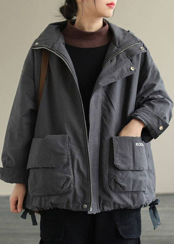 Boho Grey Zippered Loose Casual Drawstring Fall Long Sleeve Coat - Down Jackets - DYAVOR®