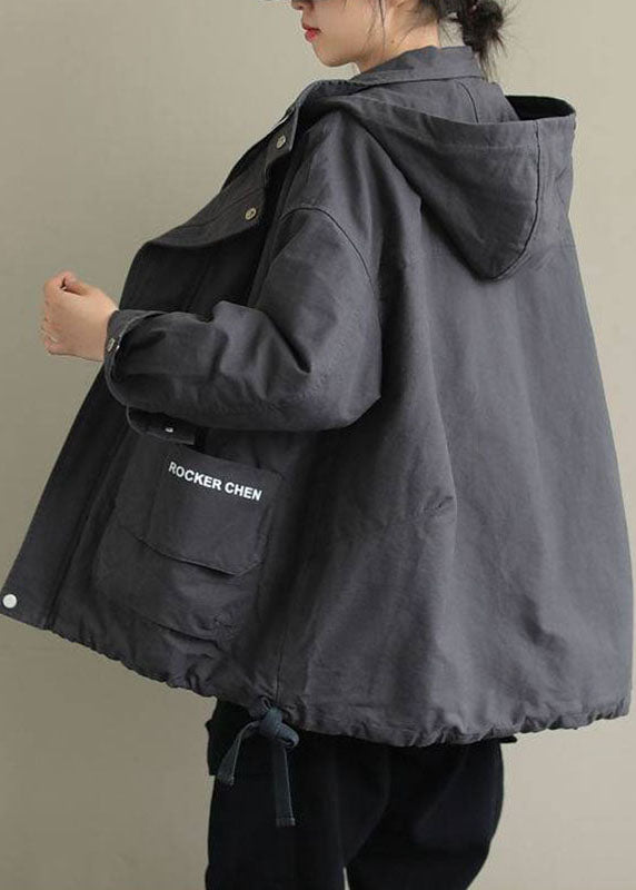 Boho Grey Zippered Loose Casual Drawstring Fall Long Sleeve Coat - Down Jackets - DYAVOR®