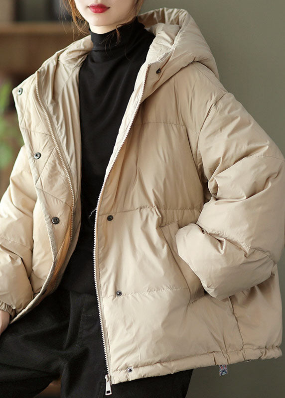 Boho Khaki hooded zippered Pockets Loose Winter Down Coat - Down Jackets - DYAVOR®
