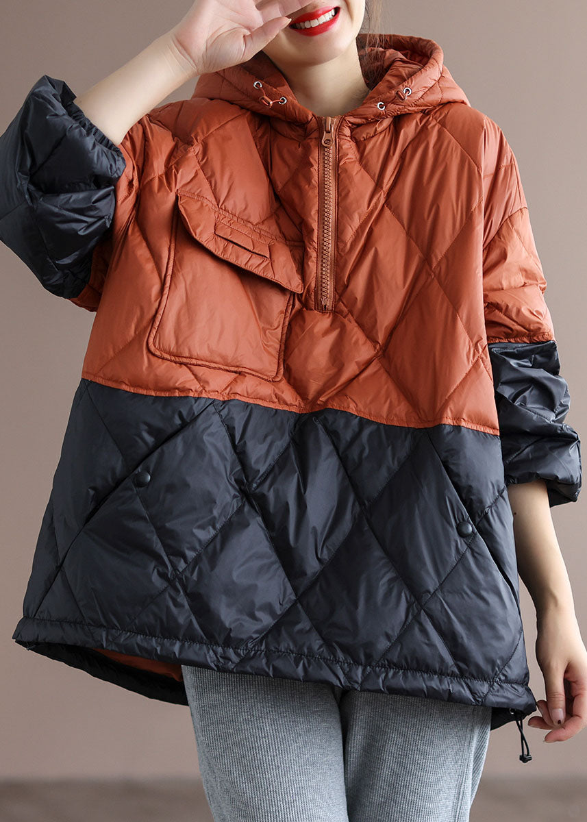 Boho Orange Patchwork Black hooded Loose Winter Down coat - Down Jackets - DYAVOR®
