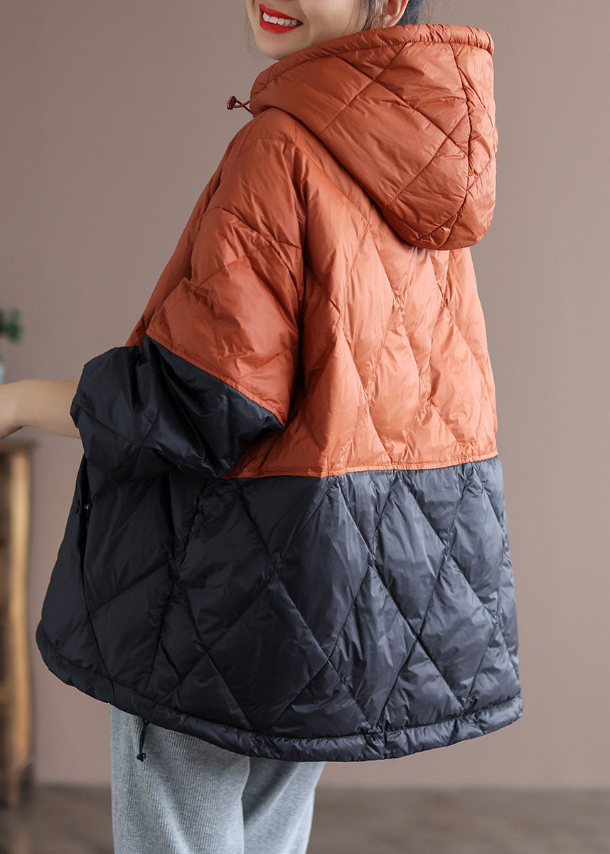 Boho Orange Patchwork Black hooded Loose Winter Down coat - Down Jackets - DYAVOR®