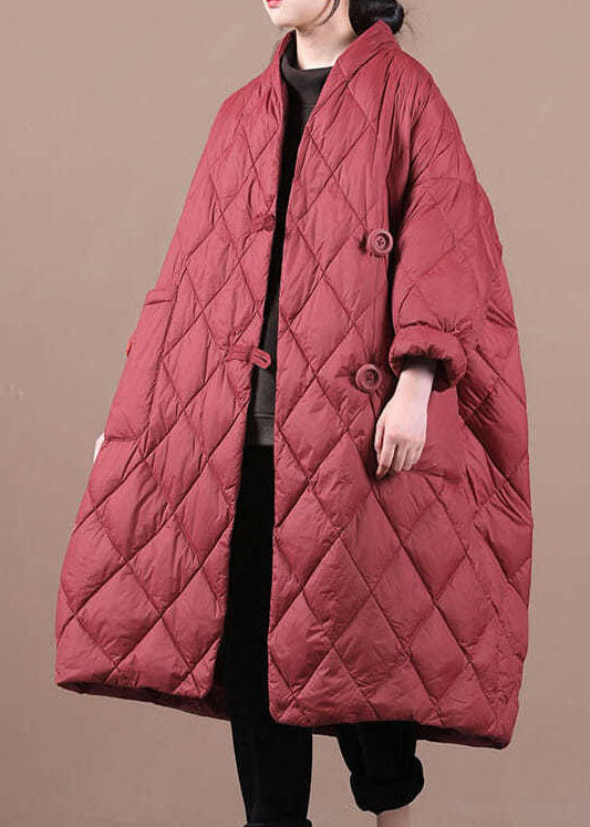 Boho Red V Neck Button Fine Cotton Filled Winter parka - Down Jackets - DYAVOR®