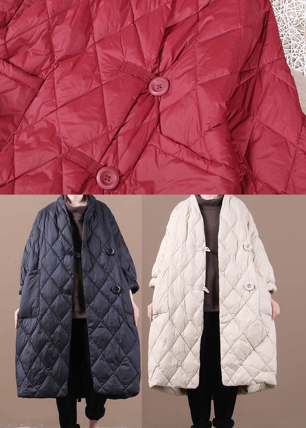 Boho Red V Neck Button Fine Cotton Filled Winter parka - Down Jackets - DYAVOR®