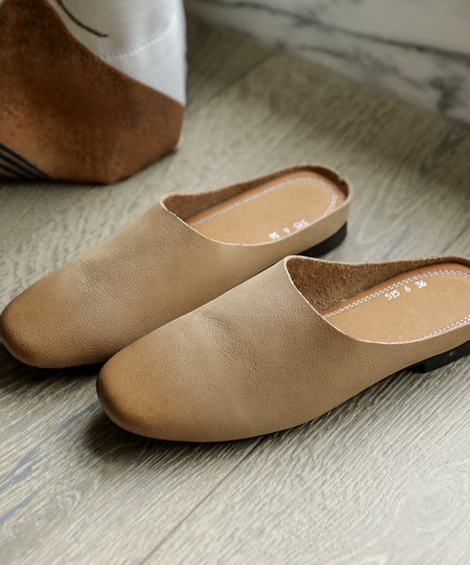 Boutique Beige Cowhide Leather Upper Slide Sandals For Women - Slide Sandals - DYAVOR®