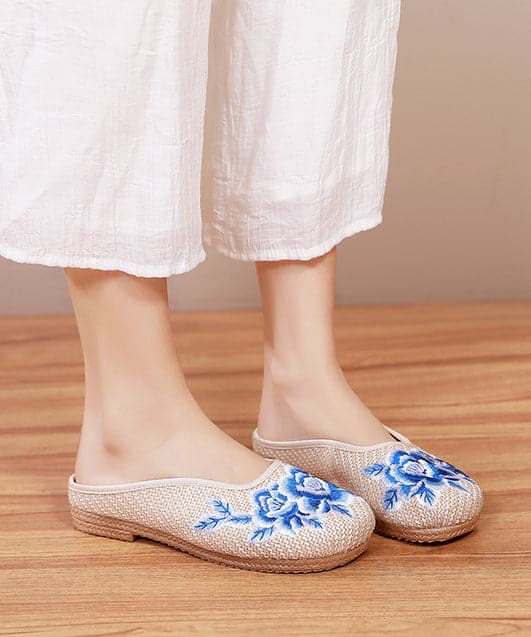 Boutique Beige Slide Sandals Embroideried Comfy Linen Fabric - Slide Sandals - DYAVOR®