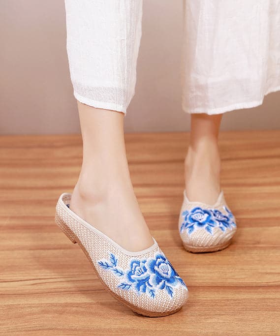 Boutique Beige Slide Sandals Embroideried Comfy Linen Fabric - Slide Sandals - DYAVOR®