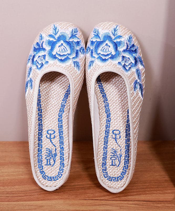 Boutique Beige Slide Sandals Embroideried Comfy Linen Fabric - Slide Sandals - DYAVOR®