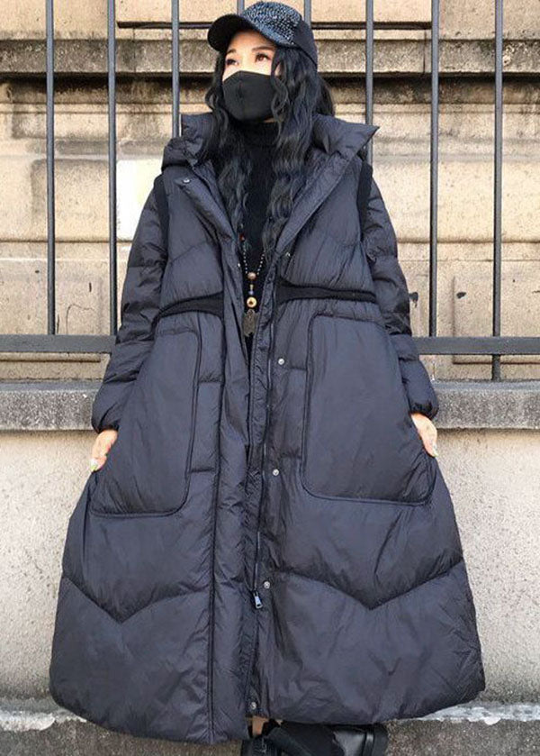 Boutique Black Stand Collar Hooded Drawstring Pockets Duck Down Cinch Coats Winter - Down Jackets - DYAVOR®