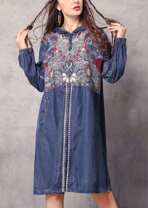 Boutique Blue zippered Hooded Embroideried Pockets Denim trench coats Spring - Trench coats - DYAVOR®