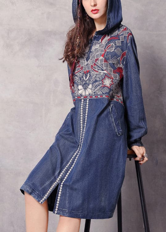 Boutique Blue zippered Hooded Embroideried Pockets Denim trench coats Spring - Trench coats - DYAVOR®