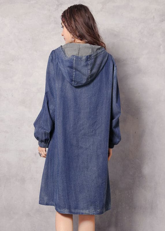 Boutique Blue zippered Hooded Embroideried Pockets Denim trench coats Spring - Trench coats - DYAVOR®