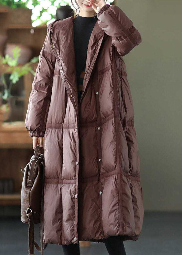 Boutique Brown Hooded Plaid Oversized Duck Down Puffer Long Coats Winter - Down Jackets - DYAVOR®