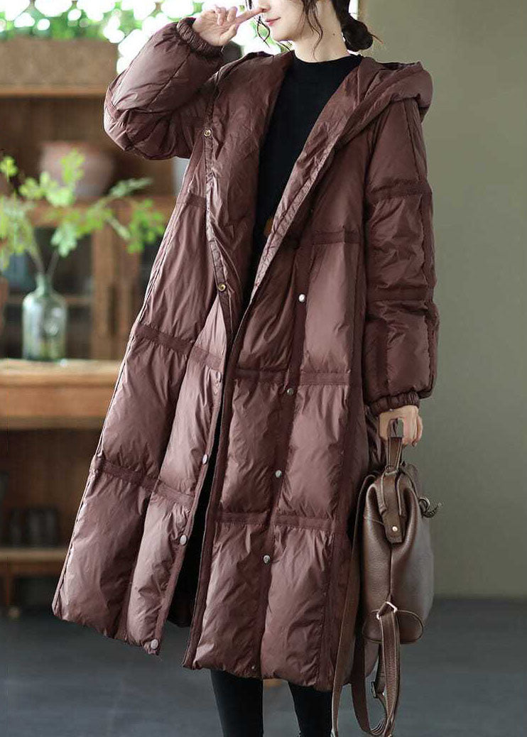 Boutique Brown Hooded Plaid Oversized Duck Down Puffer Long Coats Winter - Down Jackets - DYAVOR®