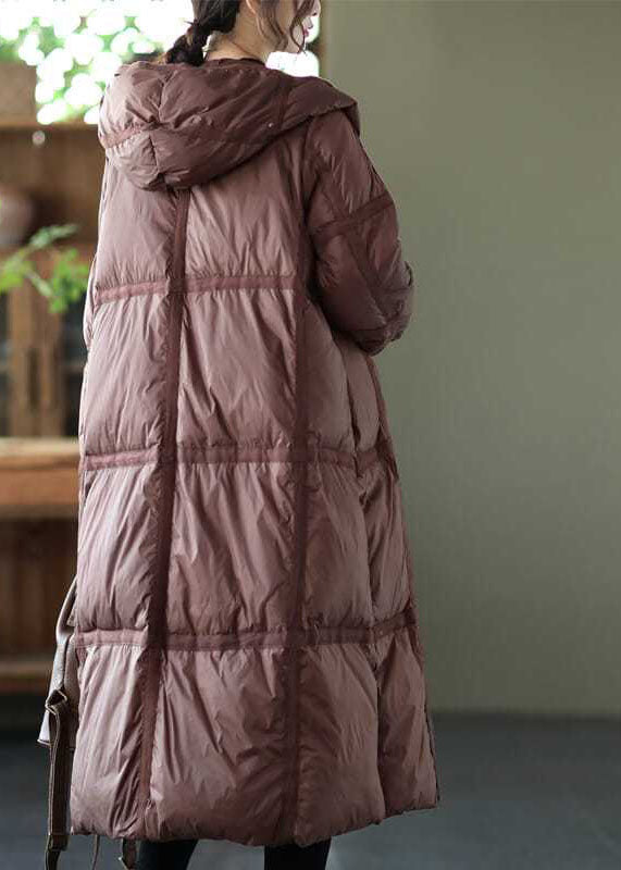 Boutique Brown Hooded Plaid Oversized Duck Down Puffer Long Coats Winter - Down Jackets - DYAVOR®
