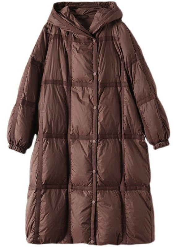 Boutique Brown Hooded Plaid Oversized Duck Down Puffer Long Coats Winter - Down Jackets - DYAVOR®