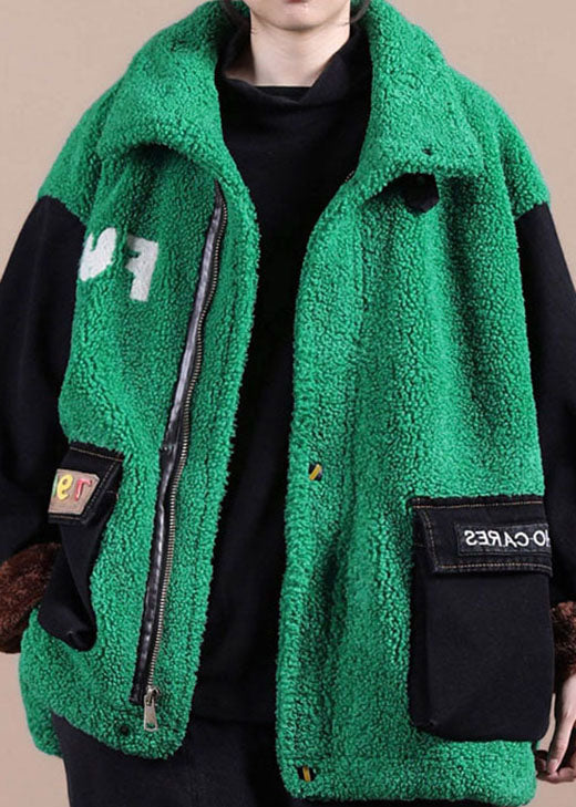 Boutique Green Embroideried denim Patchwork Faux Fur Jackets Winter - Down Jackets - DYAVOR®