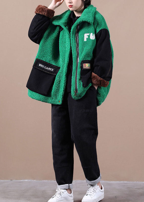 Boutique Green Embroideried denim Patchwork Faux Fur Jackets Winter - Down Jackets - DYAVOR®