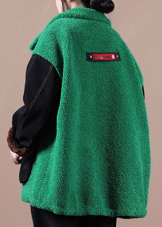 Boutique Green Embroideried denim Patchwork Faux Fur Jackets Winter - Down Jackets - DYAVOR®