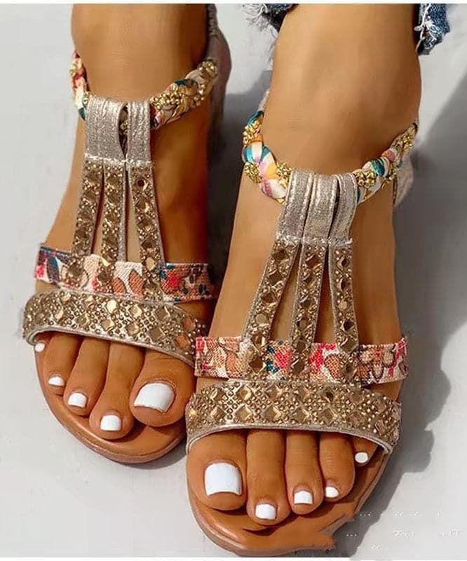 Boutique Peep Toe Wedge Sandals Golden Gemstone Faux Leather Walking Sandals - Sandals - DYAVOR®