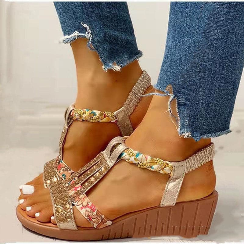 Boutique Peep Toe Wedge Sandals Golden Gemstone Faux Leather Walking Sandals - Sandals - DYAVOR®