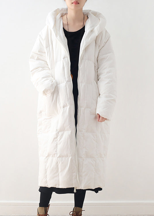 Brief White Zippered Pockets Hooded Down Coat Long Sleeve - Down Jackets - DYAVOR®