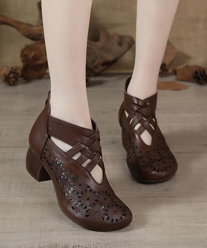 Brown zippered Hollow Out Chunky Boots - Sandals - DYAVOR®