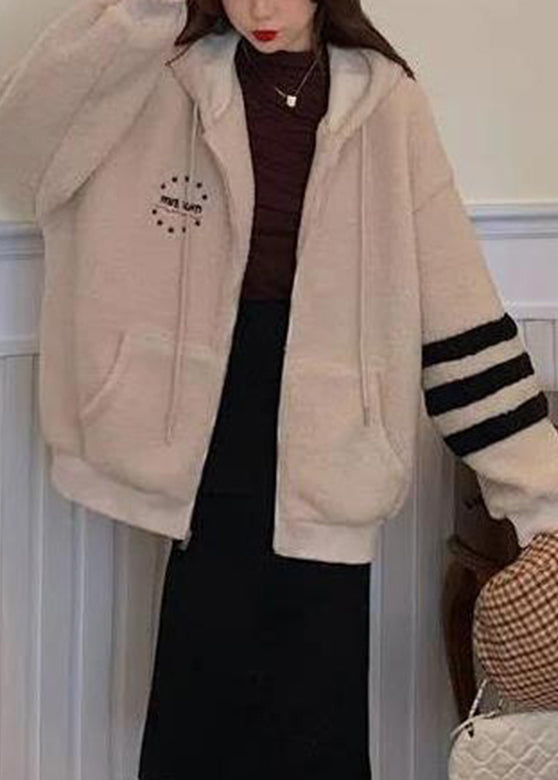 Casual Apricot Striped Patchwork Warm Fleece Thick Faux Fur Hooded Parka Winter - Down Jackets - DYAVOR®
