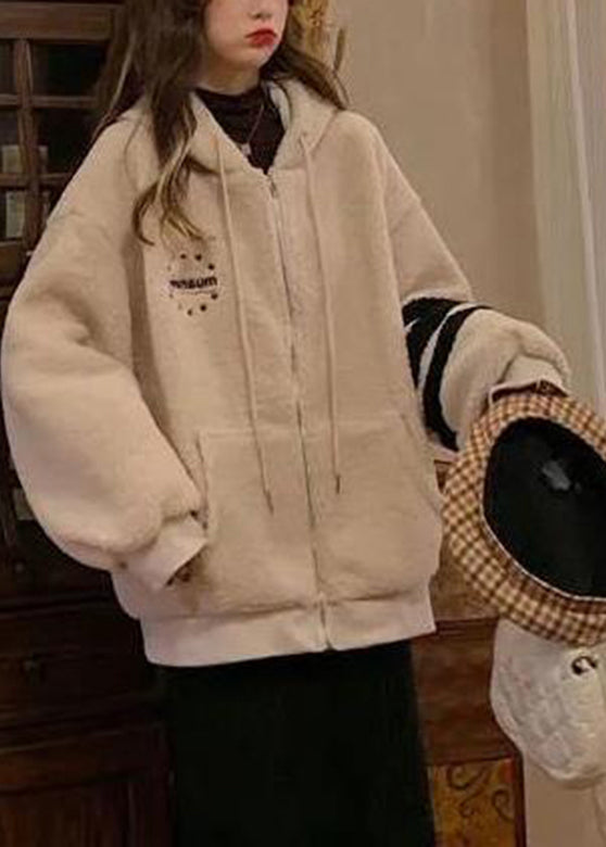 Casual Apricot Striped Patchwork Warm Fleece Thick Faux Fur Hooded Parka Winter - Down Jackets - DYAVOR®