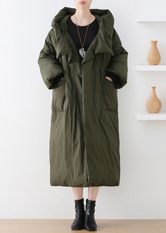 Casual Army Green Turtleneck Zippered Duck Down Hooded Long Down Coat Winter - Down Jackets - DYAVOR®