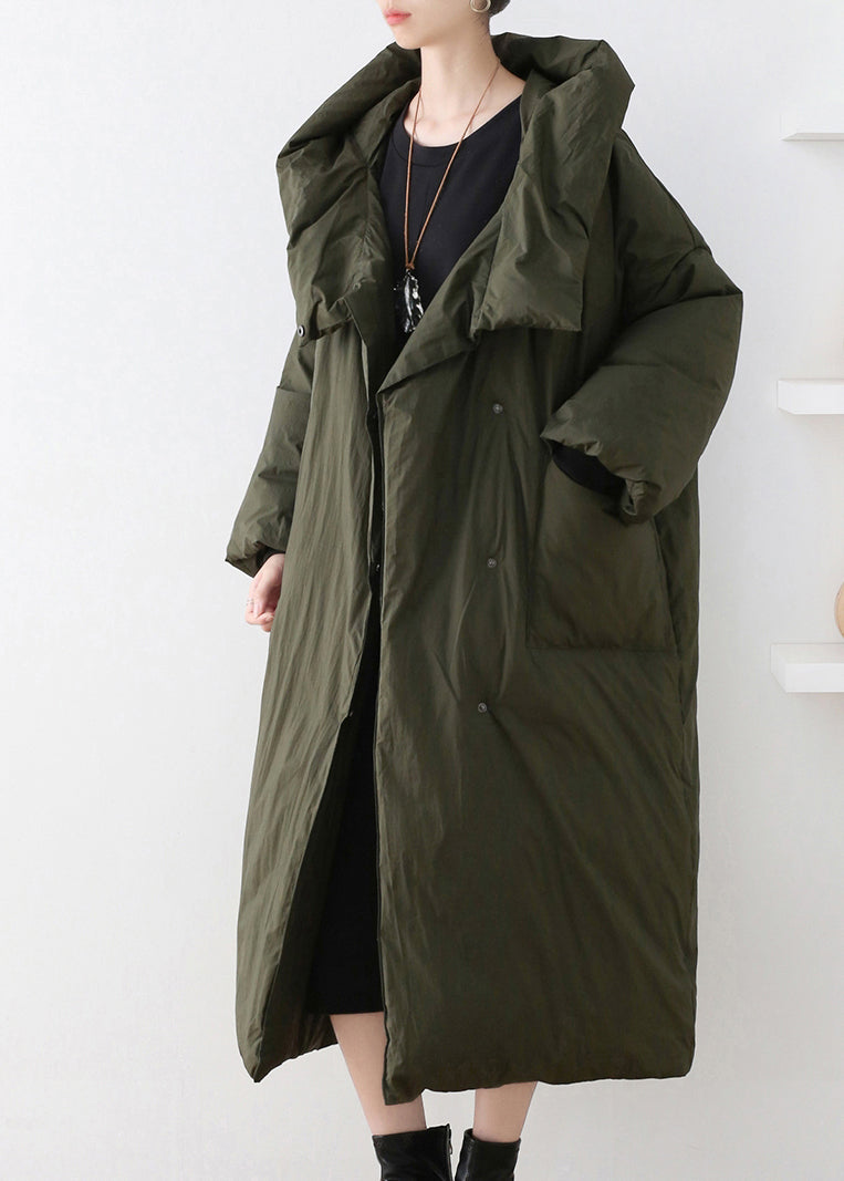 Casual Army Green Turtleneck Zippered Duck Down Hooded Long Down Coat Winter - Down Jackets - DYAVOR®