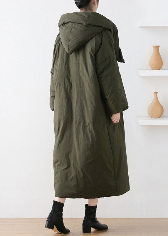 Casual Army Green Turtleneck Zippered Duck Down Hooded Long Down Coat Winter - Down Jackets - DYAVOR®
