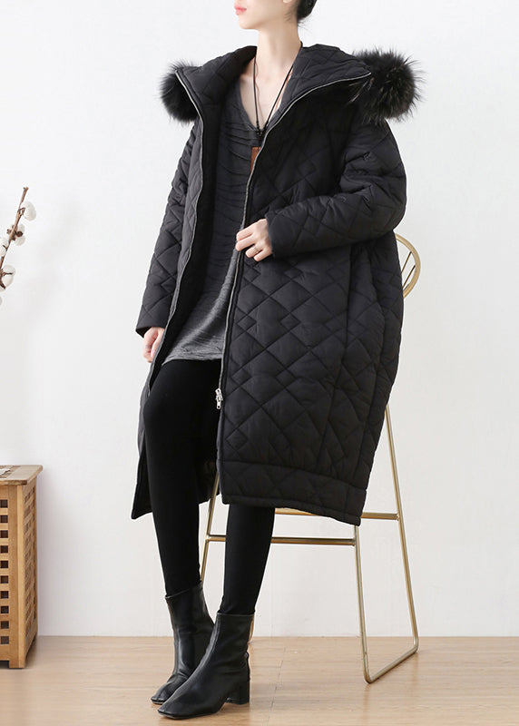 Casual Black Fur Collar Zippered Thick Hooded Parka Winter - Down Jackets - DYAVOR®