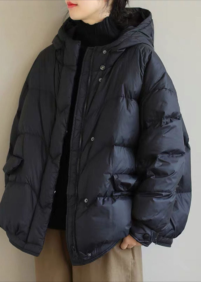 Casual Black Hooded Drawstring Duck Down Puffer Jacket Winter - Down Jackets - DYAVOR®