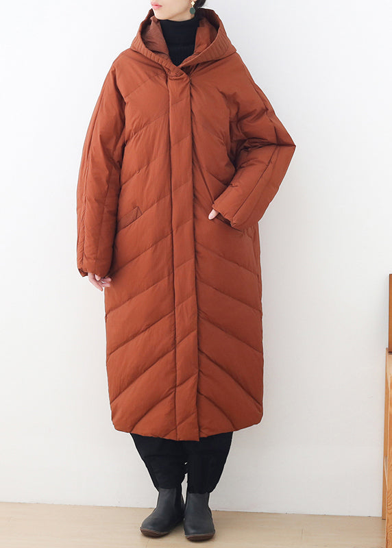 Casual Caramel Zippered Button Pockets Hooded Down Coat Long Sleeve - Down Jackets - DYAVOR®