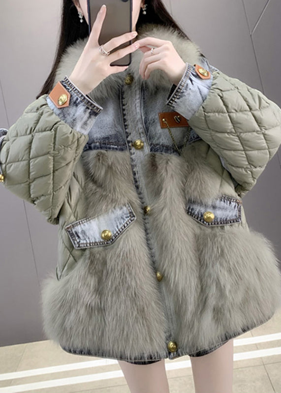 Casual Green Fox collar Denim Patchwork Button Down Coats Winter - Down Jackets - DYAVOR®