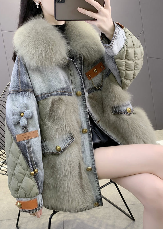 Casual Green Fox collar Denim Patchwork Button Down Coats Winter - Down Jackets - DYAVOR®