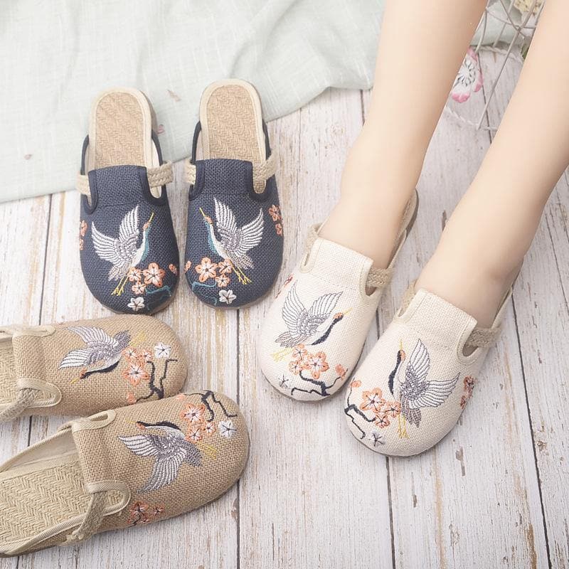 Casual Khaki Embroideried Linen Fabric Slippers Shoes - Slide Sandals - DYAVOR®