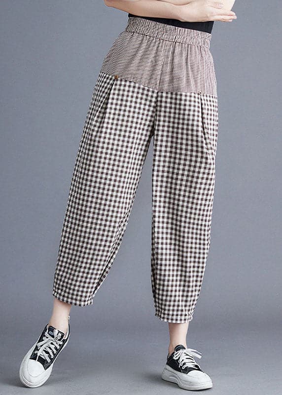 Casual Khaki Plaid Elastic Waist Patchwork Linen Harem Pants Summer - Pants - DYAVOR®