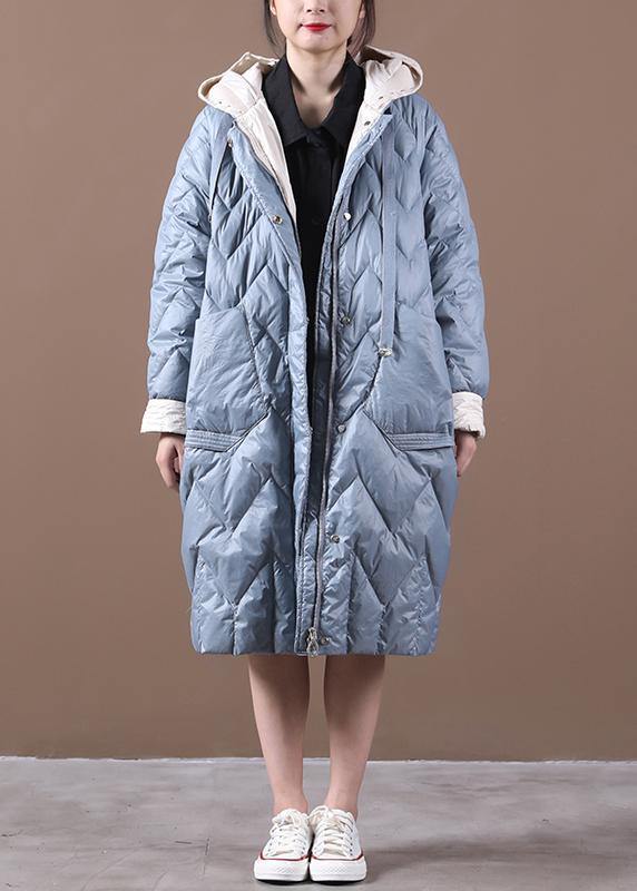 Casual Loose fitting down jacket overcoat light blue hooded zippered duck down coat - - DYAVOR®