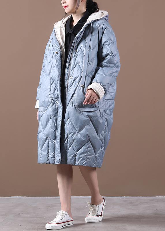Casual Loose fitting down jacket overcoat light blue hooded zippered duck down coat - - DYAVOR®