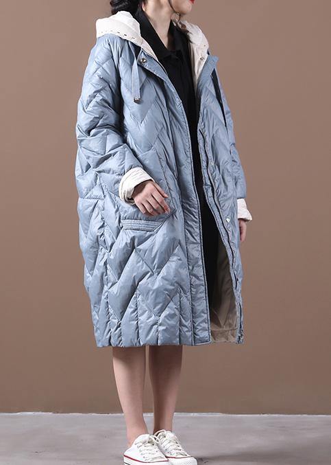 Casual Loose fitting down jacket overcoat light blue hooded zippered duck down coat - - DYAVOR®