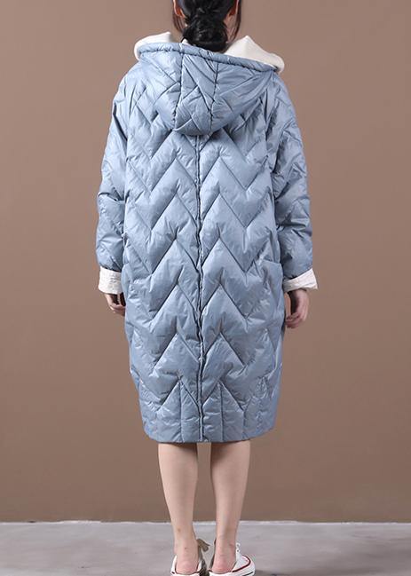 Casual Loose fitting down jacket overcoat light blue hooded zippered duck down coat - - DYAVOR®