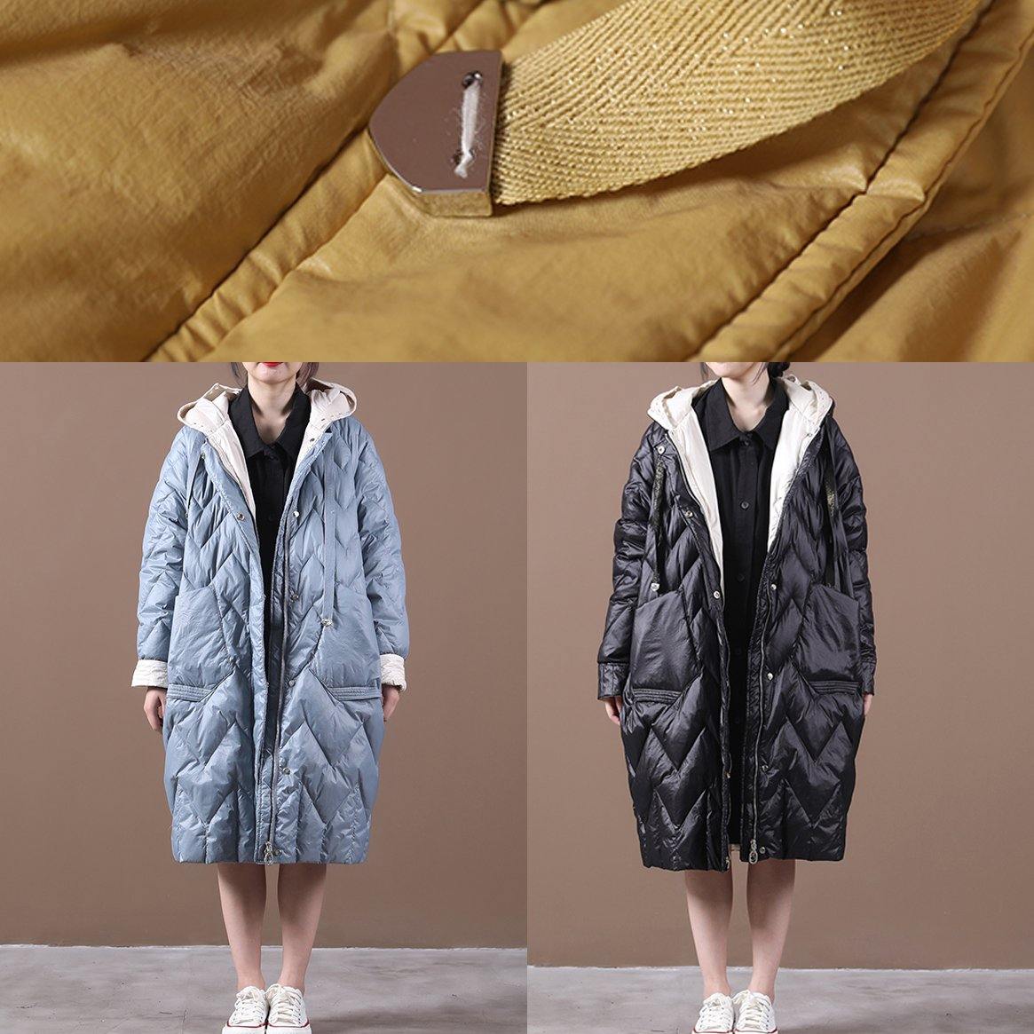 Casual Loose fitting down jacket overcoat light blue hooded zippered duck down coat - - DYAVOR®
