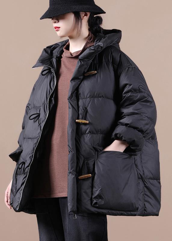 Casual Loose Fitting Womens Parka Overcoat Black Hooded Pockets Cotton Coat - - DYAVOR®