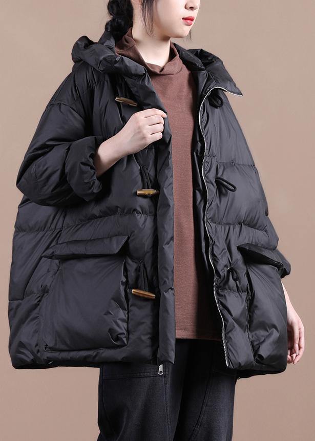 Casual Loose Fitting Womens Parka Overcoat Black Hooded Pockets Cotton Coat - - DYAVOR®