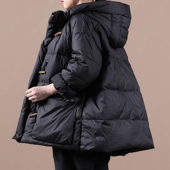 Casual Loose Fitting Womens Parka Overcoat Black Hooded Pockets Cotton Coat - - DYAVOR®