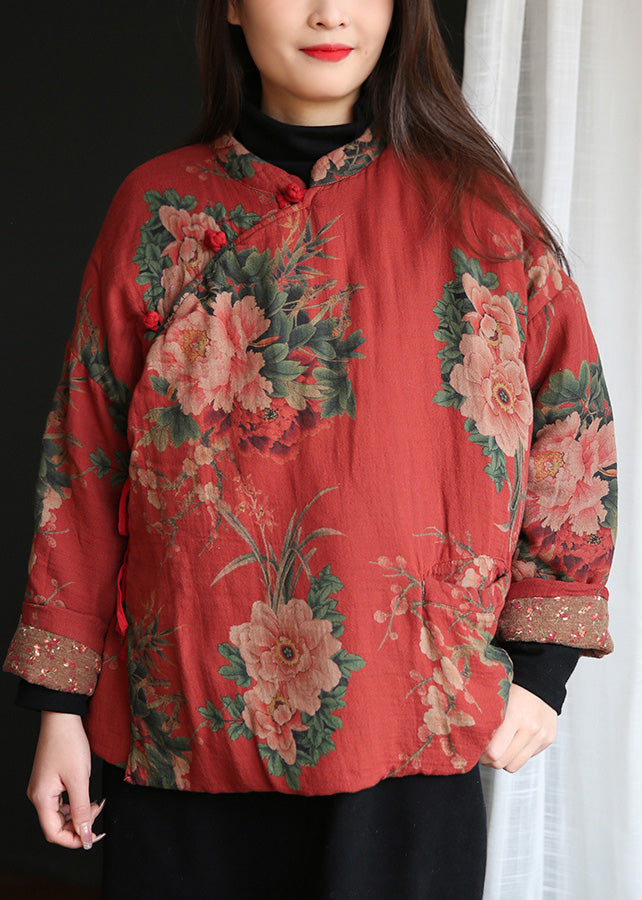 Casual Red Stand Collar Print Button Warm Fleece Cotton Parka Winter - Down Jackets - DYAVOR®