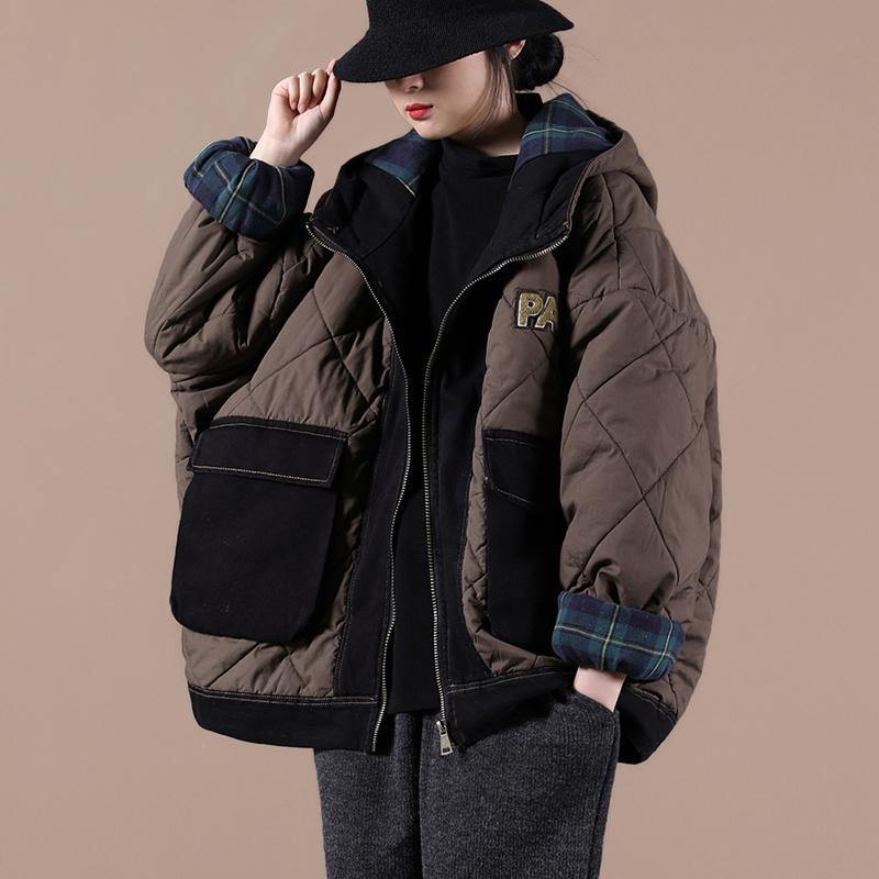 Casual oversize warm winter coat chocolate hooded patchwork plaid Parkas for women - Down Jackets - DYAVOR®