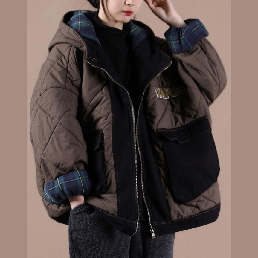 Casual oversize warm winter coat chocolate hooded patchwork plaid Parkas for women - Down Jackets - DYAVOR®