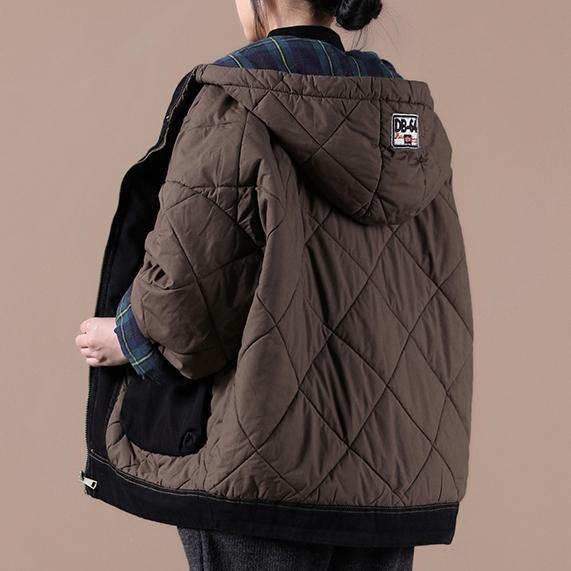 Casual oversize warm winter coat chocolate hooded patchwork plaid Parkas for women - Down Jackets - DYAVOR®